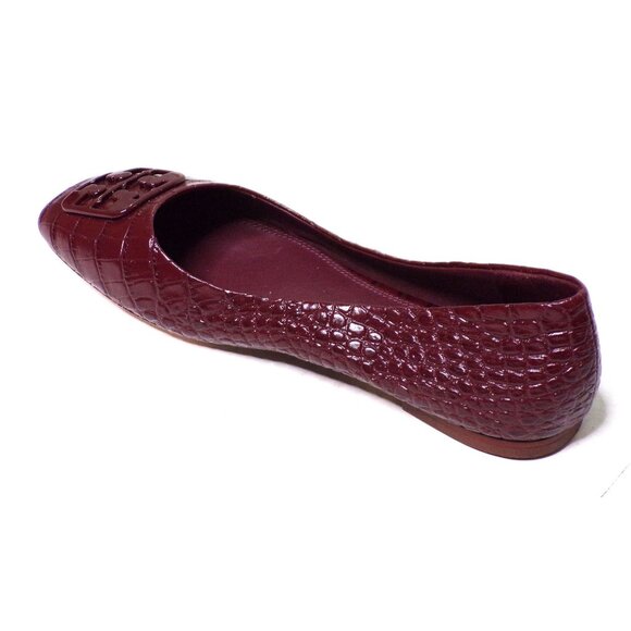 TORY BURCH Croc Embossed Logo Ballet Flats Shoes Claret 8 - Picture 9 of 10